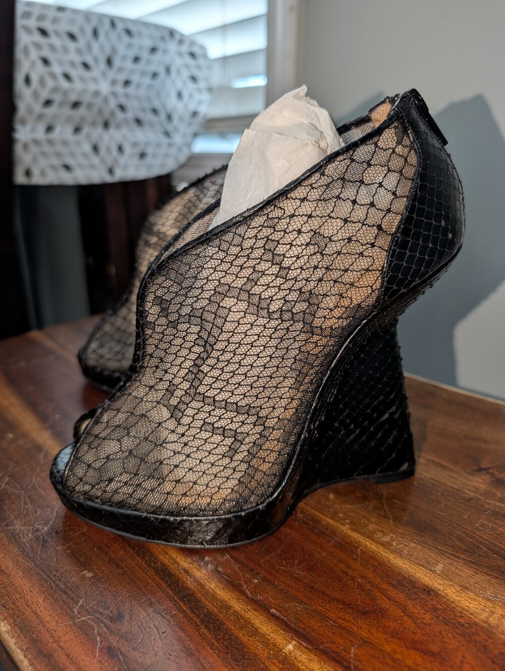 Christian Louboutin Janet Python Leather Lace Wedge Heel Boots Shoes (37.5) EUC
